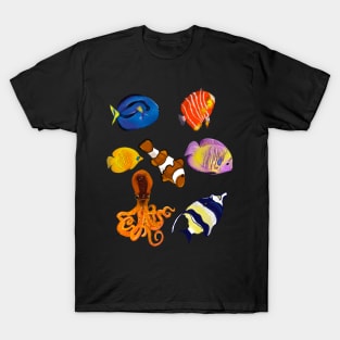 Best fishing gifts for fish lovers 2022. Octopus squid and friends  tropical Coral reef fish rainbow coloured / colored   fish and octopus swimming under the sea T-Shirt